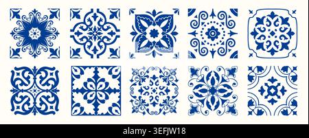Set de 10 tuiles azulejos en bleu. Tuiles méditerranéennes, motifs sans couture. Ornements traditionnels espagnols, siciliens, portugais, italiens. Vecteur Illustration de Vecteur