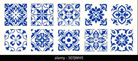 Set de 10 tuiles azulejos en bleu. Tuiles méditerranéennes, motifs sans couture. Ornements traditionnels espagnols, siciliens, portugais, italiens. Vecteur Illustration de Vecteur
