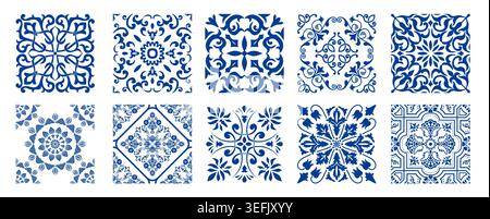 Set de 10 tuiles azulejos en bleu. Tuiles méditerranéennes, motifs sans couture. Ornements traditionnels espagnols, siciliens, portugais, italiens. Vecteur Illustration de Vecteur