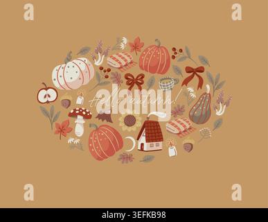 Carte confortable d'automne avec des citrouilles feuilles de champignons mignonne illustration de conception de salutation saisonnière Illustration de Vecteur
