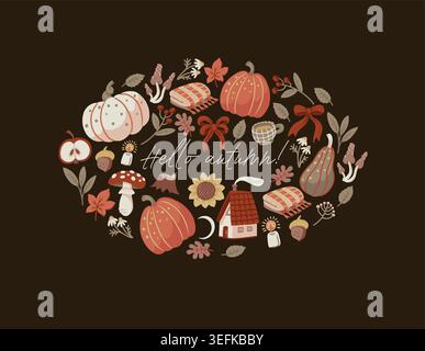 Carte confortable d'automne avec des citrouilles feuilles de champignons mignonne illustration de conception de salutation saisonnière Illustration de Vecteur