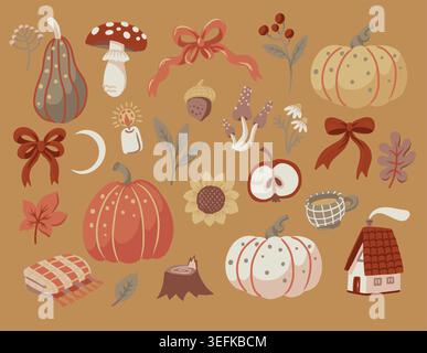 Collection Cozy Elements d'automne avec des champignons de citrouilles laisse une illustration saisonnière chaude Illustration de Vecteur