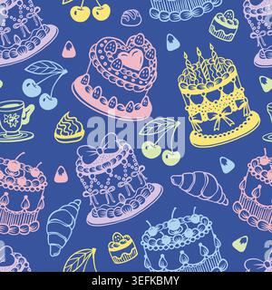 Motif de gâteau sans couture avec cerises, croissants, thé, bonbons, fond rose pastel Illustration de Vecteur