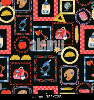 Retour à l'école modèle sans couture avec papeterie colorée Art Science Apple Supplies Design Illustration de Vecteur