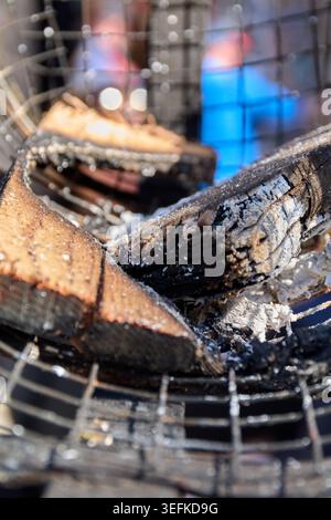 Vue rapprochée de bûches de bois carbonisé et de cendres blanches à l'intérieur d'un foyer en métal, montrant des textures détaillées de bois brûlé et de restes carbonisés. Banque D'Images