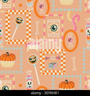 Halloween Candy Seamless Pattern Spooky Sweets citrouille graphique illustration de fond d'automne mignon Illustration de Vecteur