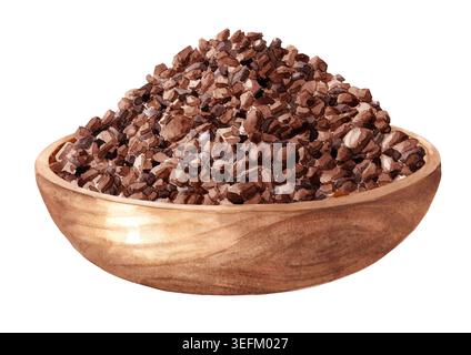 Cacao Nibs dans le bol en bois. Illustration originale dessinée à la main à l'aquarelle isolée sur fond blanc Banque D'Images