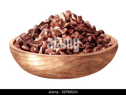 Cacao Nibs dans le bol en bois. Illustration originale peinte à la main à l'aquarelle isolée sur fond blanc Banque D'Images