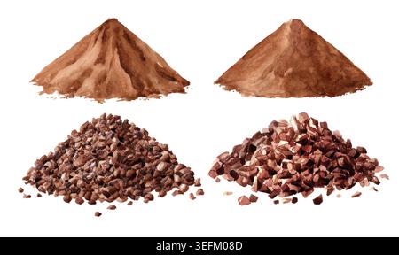 Poudre de cacao et Nibs Set. Illustration originale dessinée à la main à l'aquarelle isolée sur fond blanc Banque D'Images
