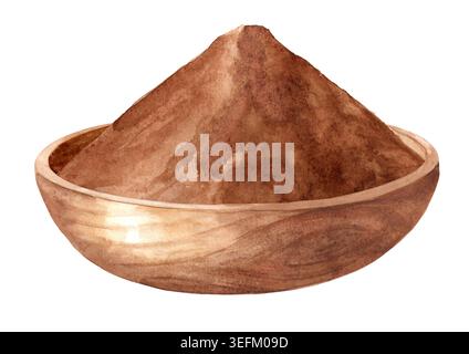 Poudre de cacao dans le bol en bois. Illustration originale dessinée à la main à l'aquarelle isolée sur fond blanc Banque D'Images