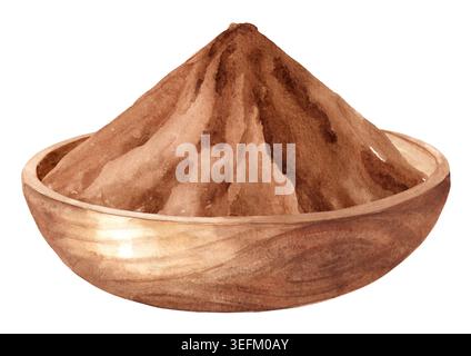 Poudre de cacao dans le bol en bois. Illustration originale peinte à la main à l'aquarelle isolée sur fond blanc Banque D'Images