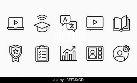 Une collection d'icônes de ligne liées à l'éducation en ligne, e-learning, apprentissage à distance, cours numériques, webinaires, et étudiez en ligne. Illustration de Vecteur