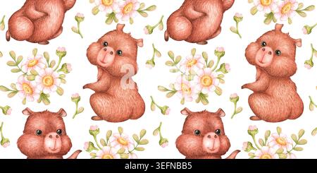 Capybaras avec bouquets de marguerites, isolés du fond. Motif aquarelle sans couture avec composition florale douce pour textile, papier d'emballage, Wal Banque D'Images