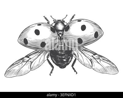 Une illustration élégante d'une coccinelle en plein vol avec des ailes déployées, méticuleusement détaillée à l'aide d'une technique de gravure dessinée à la main. Idéal pour ECO-ven Illustration de Vecteur