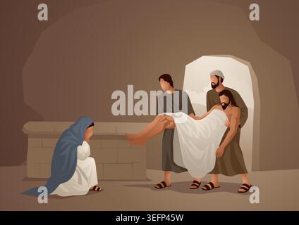Série d'illustrations vectorielles bibliques. Jésus a posé dans le tombeau, la mise au tombeau de Christ. Illustration de Vecteur