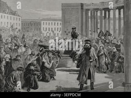 Saint-Pétersbourg, Russie. Ovation populaire pour le tsar Alexandre II (1818-1881) au portique de la cathédrale notre-Dame de Kazan (cathédrale de Kazan), où il était arrivé pour assister à un te Deum. Alors que les nouvelles se répandaient parmi les citoyens de Saint-Pétersbourg au sujet de la tentative d'assassinat ratée sur le tsar le matin du 2 avril 1879, des expressions de soutien et de respect pour lui remplissaient les rues de la capitale, avec des gens l'acclamant et l'saluant en jetant leurs chapeaux en l'air, et d'autres agenouillant à son passage. La scène représente le moment de son arrivée à la cathédrale, sans escorte OTH Banque D'Images