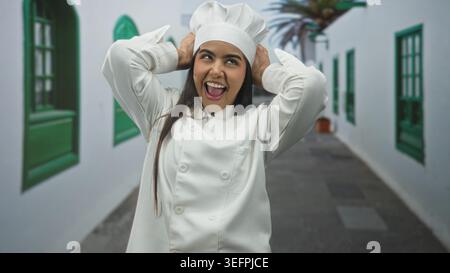 Jeune femme chef en uniforme blanc tenant un chapeau avec les mains sur la tête, souriant avec la langue sur une rue étroite avec des fenêtres vertes ; joie. Banque D'Images