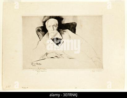Alfred Stevens par Edgar Chahine, 1900, portrait d'un homme assis en tenue formelle avec noeud papillon et pardessus Banque D'Images