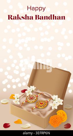 Bannière verticale modifiable Raksha Bandhan avec rakhi dans une boîte-cadeau kraft avec des fleurs de jasmin et de souci et un espace de copie pour les médias sociaux, les publicités et le web. Illustration de Vecteur