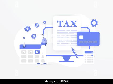 Concept de paiement de taxes en ligne. Facture e-tax, illustration e-reçu. Gouvernement de l'État, administration fiscale, impôts sur le revenu des particuliers. Paiement des impôts à distance en utilisant des crypto-monnaies bitcoin, des cartes bancaires Illustration de Vecteur