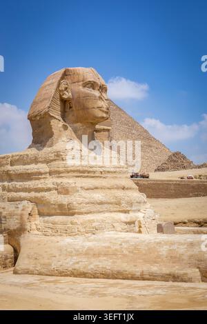 Grand Sphinx de Gizeh sur le plateau de Gizeh, Egypte, créature avec la tête d'un humain et le corps d'un lion, statue monumentale de calcaire. Banque D'Images