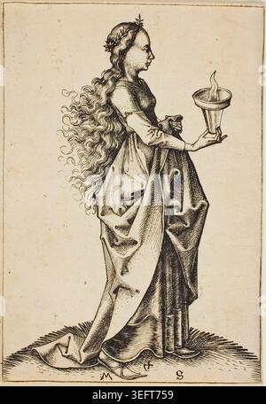 La cinquième Vierge sage de Martin Schongauer, gravure, représentant une jeune femme élégamment vêtue avec de longs cheveux coulants et une couronne de laurier, tenant une lampe à huile, en position de profil Banque D'Images