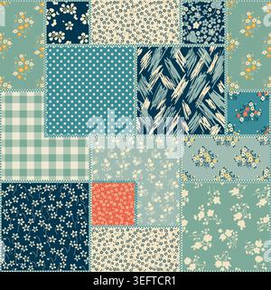 Motif patchwork coloré abstrait sans couture de fleurs dans le style folk. Courtepointe vintage faite à la main. Fond dessiné à la main dans des couleurs vives. Vecteur Illustration de Vecteur
