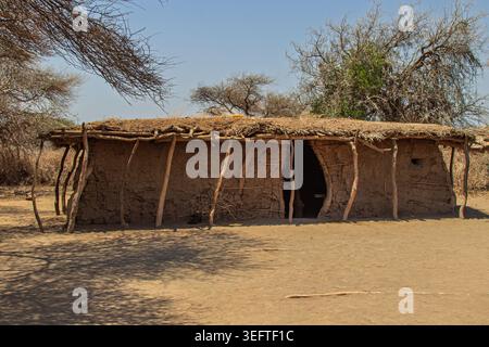 Tribu Datoga, Tanzanie - 28 septembre 2025 : une maison traditionnelle Datoga faite de boue et de bâtons dans le paysage aride. Banque D'Images