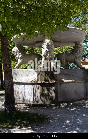 Fontaine historique du lion près du château de Hohenschwangau, Bavière, Allemagne Banque D'Images