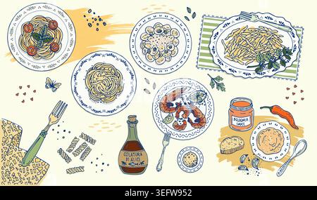 Ensemble de pâtes italiennes dessinées à la main avec soupe à la sauce spaghetti aux crevettes Illustration de Vecteur