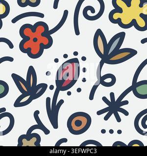 Fleurs colorées dessinées à la main et tourbillons abstraits sur un fond blanc Illustration de Vecteur