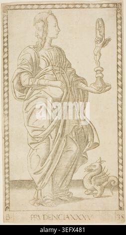 Prudence by Master of the E-Series Tarocchi, v. 1465, figure allégorique d'une femme dans des draperies coulantes tenant un miroir tenu en hauteur par un Cupidon, avec un visage d'homme sur le dos de sa tête symbolisant la prévoyance et l'expérience, accompagnée d'un dragon stylisé Banque D'Images