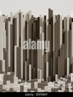 Une illustration verticale 4 :5, 3DCG, de grandes formes de gratte-ciel à voxels neutres regroupées comme un modèle de ville abstrait. Banque D'Images