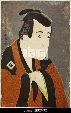 L'acteur Ichikawa Yaozo III dans le rôle de Tanabe Bunzo de Tōshūsai Sharaku, 1794, un portrait d'acteur kabuki japonais montrant un homme dans une robe matelassée orange et un vêtement noir, regardant sur le côté avec une expression composée Banque D'Images