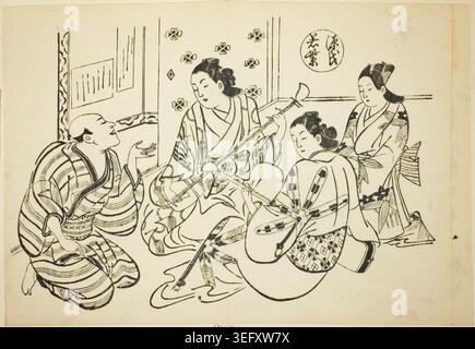 Le chapitre Waka Murasaki du conte de Genji d'Okumura Masanobu, v. 1710, représentant une noble et des servantes dans un intérieur, examinant des ventilateurs décoratifs et des instruments d'écriture Banque D'Images