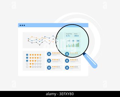 Avis des clients avec système de notation et analyse des commentaires dans l'interface du site Web. Analysez les notes et le suivi du score de e-commerce pour la réputation et les informations client dans l'illustration vectorielle du tableau de bord d'avis. Illustration de Vecteur