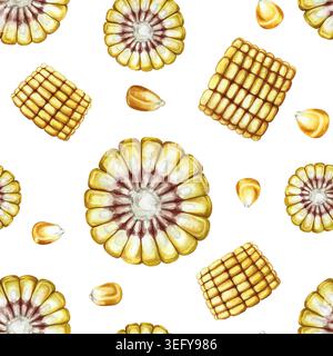 Modèle sans couture des épis de maïs coupés en morceaux et en grains. Illustration d'aquarelle dessinée à la main. Parfait pour les textiles, la décoration, les étiquettes, les emballages, les impressions Banque D'Images