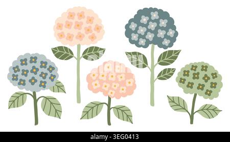 Ensemble de fleurs d'hortensia vecteur minimaliste. Couleurs rose pastel, bleu, vert. Illustrations de conception plate dessinées à la main mignonnes isolées sur fond blanc Illustration de Vecteur