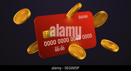 Carte de crédit bancaire rouge avec des pièces d'or qui tombent. Concept de paiement financier sur un fond sombre. Illustration vectorielle Illustration de Vecteur