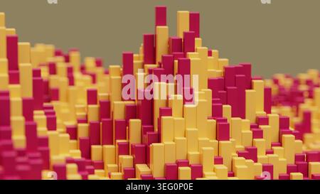 Illustration 3DCG horizontale de tours de voxels magenta, rouge et jaune formant une montagne abstraite stylisée ou un paysage urbain. Convient pour la conception commerciale Banque D'Images