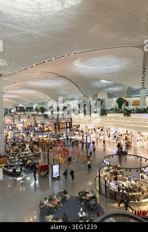 Vue verticale du centre commercial duty free spacieux et futuriste à l'intérieur du terminal principal de l'aéroport d'Istambul (IST) vitrines lumineuses de luxe Banque D'Images