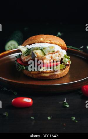 Hamburger de poisson savoureux avec des légumes frais sur une surface en bois foncé Banque D'Images