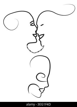 Ligne abstraite continue des visages minimalistes des femmes et du couple ; cartes postales ou brocchure design ; différents visages de frappe ; une ligne d'art Illustration de Vecteur