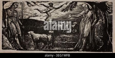 Thenot Remonstrates avec Colinet, Lightfoot en arrière-plan, tiré des pastorales de Virgile de William Blake, 1821, représentant deux personnages rodés en conversation à côté de moutons en pâturage dans un paysage pastoral avec des arbres et des collines lointaines Banque D'Images