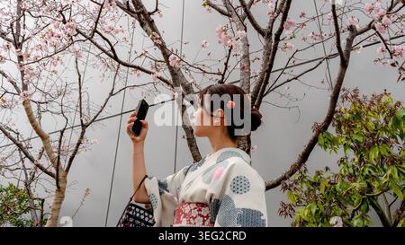 Une femme japonaise portant un kimono traditionnel prend une photo avec un smartphone sous des arbres sakura en fleurs à Tokyo, capturant des moments de voyage printanier dans un c Banque D'Images