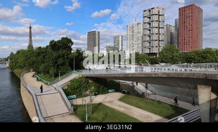 Île aux Cygnes et gratte-ciel le long de la Seine dans le quartier de Beaugrenelle à Paris, France. Banque D'Images