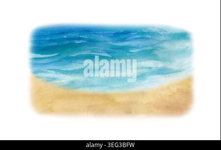 Élément de fond aquarelle peint à la main avec une plage de sable tropical et des vagues de l'océan bleu calme. Façonné dans un doux lavage rectangulaire avec du papier doux Banque D'Images