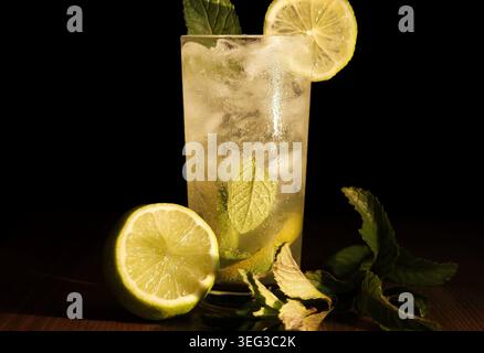 Grand verre de cocktail mojito rafraîchissant avec de la glace pilée, des tranches de citron vert et des brins de menthe fraîche, réfrigéré et garni sur un fond sombre pour l'été dr. Banque D'Images