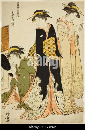 Artistes de la Tachibana, de la série A Collection of Contemporary Beauties of the Pleasure Quarters de Torii Kiyonaga, c. 1784, représentant quatre femmes dans des kimonos élaborés avec des épingles à cheveux ornementales, engagées dans une conversation tranquille Banque D'Images