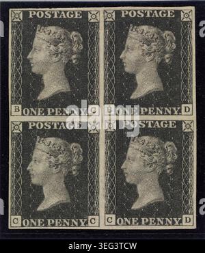 Bloc inutilisé de quatre timbres-poste 'Penny Black' de la reine Victoria. Ces timbres ont été émis le 6 mai 1840. Créateur / Designer : William Wyon d'après un dessin de l'artiste British (1795-1851) gravure imprimée à l'encre noire sur papier Banque D'Images